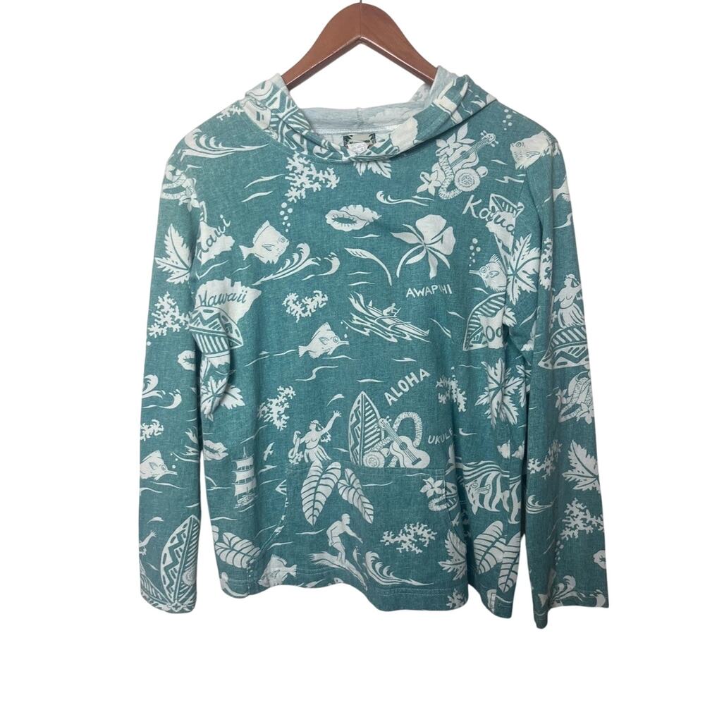 Vintage KAMEHAMEHA Hawaiian Print Shirt Hoodie Women’s Sz Small Green